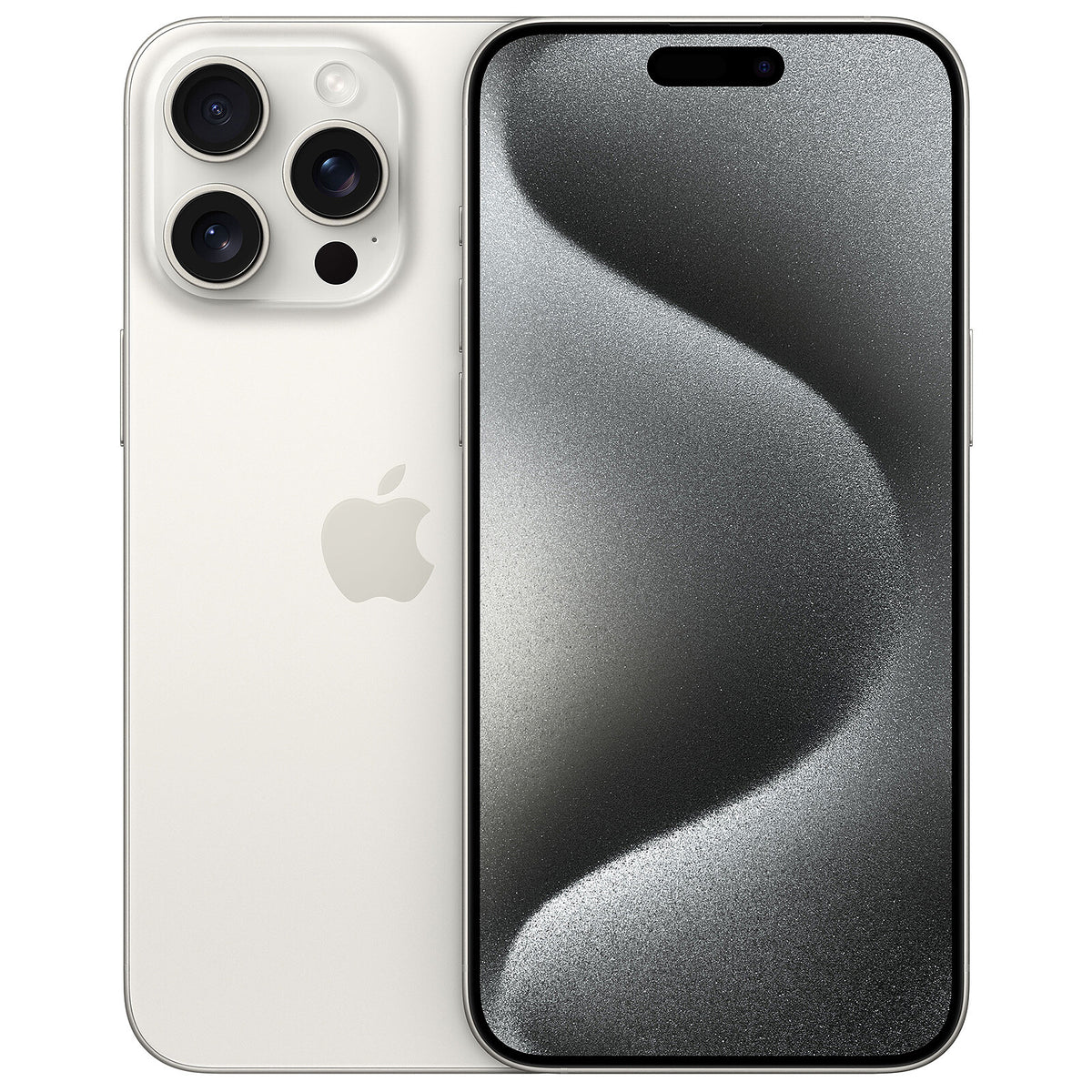 Apple iPhone 15 Pro Max in White Titanium, front and rear view
